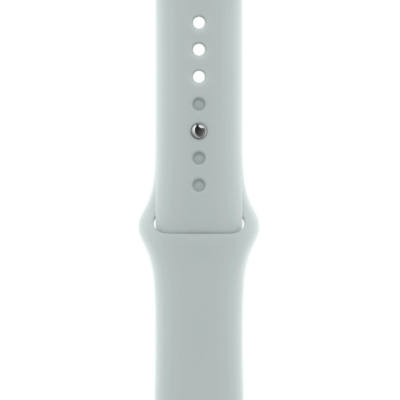 Silikonowy pasek Apple do zegarka Apple Watch w kolorze Succulent, widok na perforowaną część z metalowym zapięciem typu pin w kolorze srebrnym.