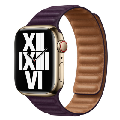 Skórzany pasek Apple w kolorze ciemna wiśnia do zegarka Apple Watch, ukazujący pionowy układ magnetycznych segmentów o gładkiej, fioletowej fakturze.