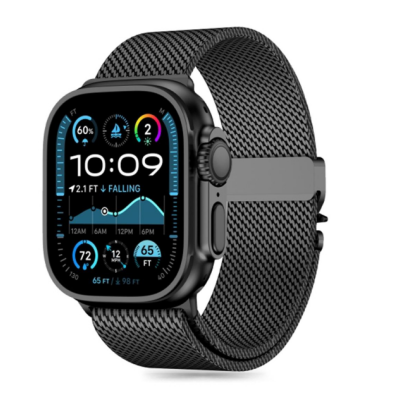 Czarny pasek Tech-Protect Milano z metalowej plecionki do Apple Watch Ultra, widoczny na zegarku z aktywną tarczą informacyjną o pływach i pogodzie.