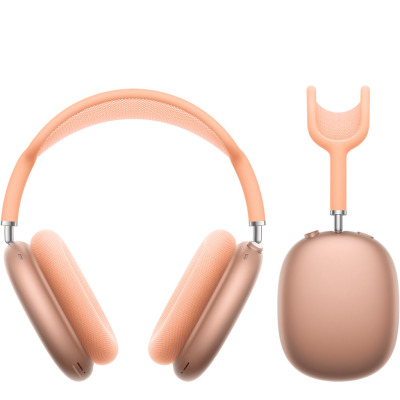 Słuchawki Apple AirPods Max w kolorze pomarańczowym, widok na cały zestaw z przodu oraz zbliżenie na prawą nausznicę z widocznymi przyciskami sterującymi.