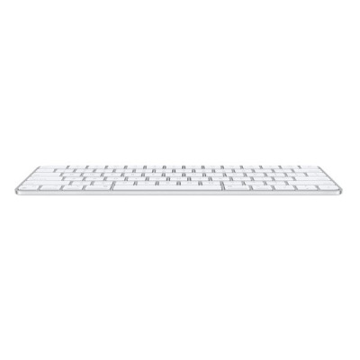 Klawiatura Apple Magic Keyboard z układem klawiszy QWERTY i cyrylicą, widok z góry na srebrną obudowę z białymi klawiszami funkcyjnymi oraz przyciskiem Touch