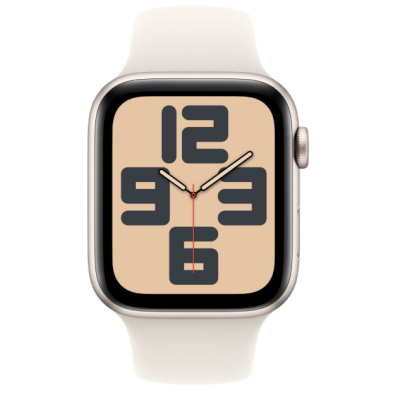 Apple Watch SE2 40mm w kolorze księżycowej poświaty z dopasowanym paskiem sportowym, widok z profilu na kopertę z cyfrową tarczą zegara i bocznym przyciskiem.