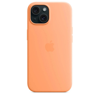Pomarańczowe etui silikonowe Apple z MagSafe do iPhone 15, widok na tył urządzenia z wyeksponowaną wyspą aparatów oraz logo Apple na środku obudowy.