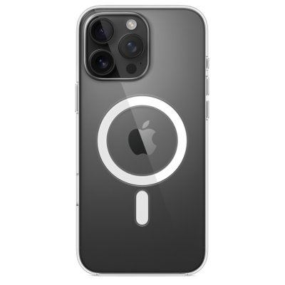 Przezroczyste etui Apple MagSafe do iPhone 16 Pro Max z widocznym okręgiem magnetycznym, wyspą trzech aparatów oraz charakterystycznym logo producenta.