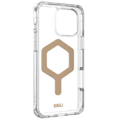 Przezroczyste etui UAG Plyo MagSafe do iPhone 16 Pro Max z charakterystycznym złotym sześciokątnym pierścieniem magnetycznym i logo marki na dole obudowy.