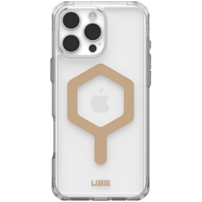 Przezroczyste etui UAG Plyo MagSafe do iPhone 16 Pro Max z charakterystycznym złotym sześciokątnym pierścieniem magnetycznym i logo marki na dole obudowy.
