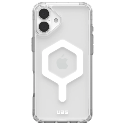 Przezroczyste etui UAG Plyo MagSafe do iPhone 16 w kolorze ice-white z widocznym białym pierścieniem magnetycznym na pleckach oraz wycięciem na aparaty.