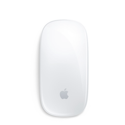 Biała mysz Apple Magic Mouse 2 z portem USB-C, widok z góry na gładką powierzchnię dotykową z centralnie umieszczonym szarym logo nadgryzionego jabłka.