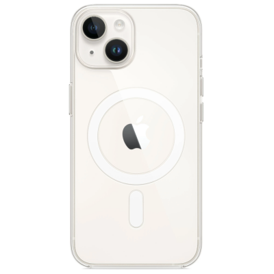 Przezroczyste etui Apple MagSafe nałożone na iPhone 14, widok na tylny panel z charakterystycznym okręgiem magnetycznym oraz modułem dwóch aparatów.