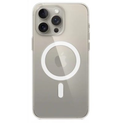 Przezroczyste etui Apple MagSafe do iPhone 15 Pro Max z widocznym białym pierścieniem magnetycznym na pleckach oraz potrójnym modułem aparatów w rogu.
