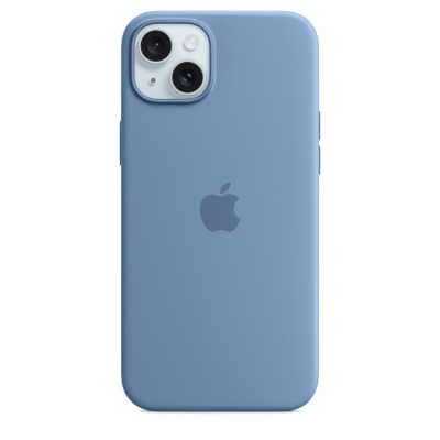 Silikonowe etui Apple w kolorze zimowy błękit do iPhone 15 Plus z widocznym logo Apple na środku oraz wycięciem na podwójny aparat z lampą błyskową.