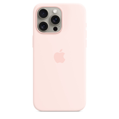 Jasnoróżowe etui silikonowe Apple MagSafe do iPhone 15 Pro Max, widok na plecki z charakterystyczną wyspą aparatów oraz centralnie umieszczonym logo Apple.