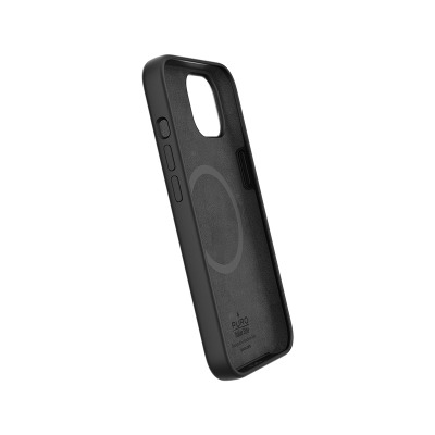 Czarne etui PURO ICON Mag Cover do iPhone 14 Plus z widocznym od wewnątrz pierścieniem MagSafe oraz nadrukiem marki i napisem Designed in Modena-Italy.