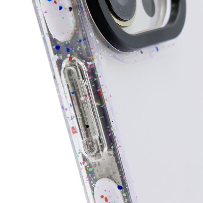 Przezroczyste etui PURO ICON Re-Cover do iPhone 14 Plus z kolorowymi drobinkami, ukazujące profil obudowy z przyciskiem głośności oraz wyspę aparatów.