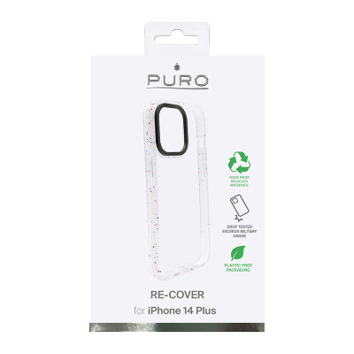 Przezroczyste etui PURO Re-Cover do iPhone 14 Plus z nakrapianym wzorem i czarną ramką wokół wyspy aparatów, zapakowane w białe pudełko z logo producenta.