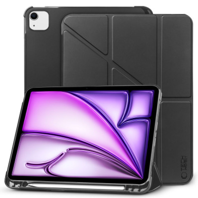 Czarne etui Tech-Protect SC Pen Origami do iPad Air 13 z miejscem na rysik, ukazane w pozycji stojącej z widocznym tyłem obudowy oraz logo producenta.