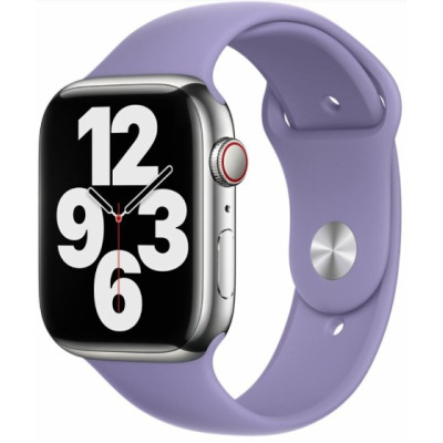 Srebrny Apple Watch z tarczą pokazującą godzinę dziesiątą dziesięć, wyposażony w silikonowy pasek Apple w kolorze angielskiej lawendy, widok z boku na kopertę.
