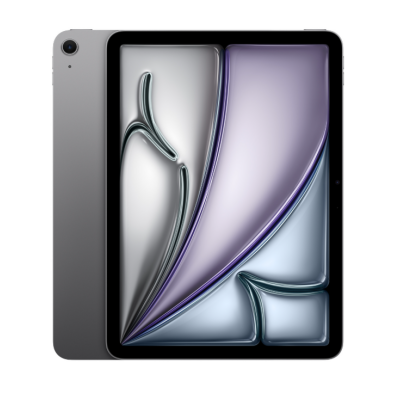 Apple iPad Air 11 M3 7. generacji w kolorze gwiezdna szarość, widok na tylną obudowę z obiektywem aparatu oraz wyświetlacz z abstrakcyjną grafiką 3D.