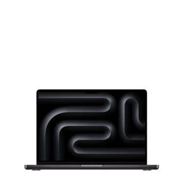 Apple MacBook Pro 14 cali w kolorze gwiezdna czerń, widok od frontu na otwartą klapę z abstrakcyjną, ciemną tapetą na wyświetlaczu Retina.