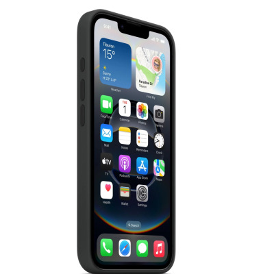 Czarne silikonowe etui Apple MagSafe do iPhone 16e, widok na tył urządzenia z wycięciem na wyspę aparatów oraz centralnie umieszczonym logo producenta.