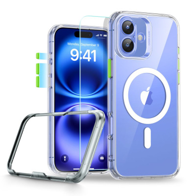 Przezroczyste etui ESR Classic Pro HaloLock do iPhone 16 z magnetycznym pierścieniem MagSafe, widoczna ramka montażowa oraz szkło ochronne na ekran.