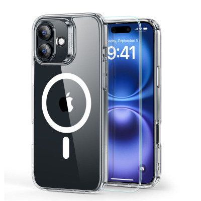 Przezroczyste etui ESR Hybrid MagSafe do iPhone 16 z widocznym pierścieniem magnetycznym na pleckach oraz dodatkowe szkło ochronne na ekran telefonu.