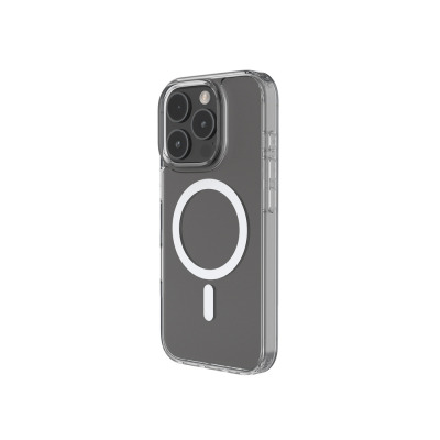 Bezbarwne etui JCPAL DualPro z magnetycznym pierścieniem MagSafe do iPhone 16 Pro Max, ukazujące tył telefonu z potrójnym aparatem w przezroczystej obudowie.