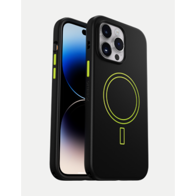 Czarne etui OtterBox Aneu do iPhone 14 Pro Max z jaskrawozielonym okręgiem MagSafe i przyciskami, prezentujące tył z wyspą aparatów oraz profil urządzenia.
