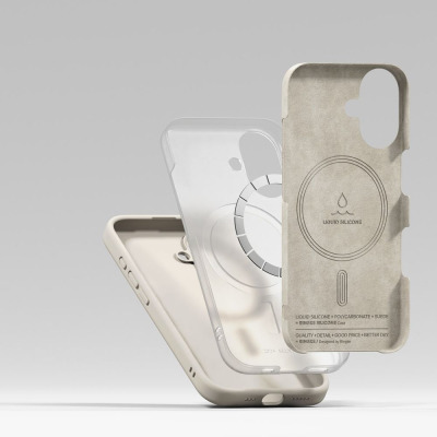 Rozłożone na części etui Ringke Silicone MagSafe do iPhone 16 w kolorze kremowym, ukazujące warstwową budowę z poliwęglanu, zamszu i silikonu z widocznym