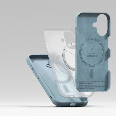 Niebieskie etui Ringke Silicone MagSafe do iPhone 16 w rozłożeniu na trzy warstwy: silikonową obudowę, przezroczystą wkładkę z pierścieniem i zamszowe wnętrze.