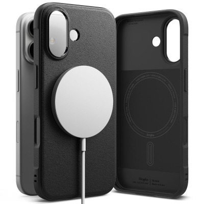 Czarne etui Ringke Onyx MagSafe do iPhone 16 z widocznym wnętrzem, magnetycznym pierścieniem oraz napisem Ringke i hasłem Live a Better Day na obudowie.