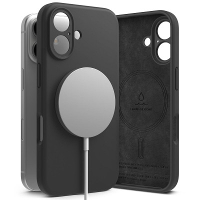Czarne etui Ringke Silicone MagSafe do iPhone 16 z ładowarką magnetyczną, widok na tył z wyspą aparatów oraz wnętrze wyłożone zamszem z napisem Liquid Silicone.