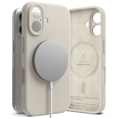 Kremowe etui Ringke Silicone MagSafe do iPhone 16, widok na tył z ładowarką indukcyjną oraz wnętrze z nadrukiem Liquid Silicone i specyfikacją materiałów.