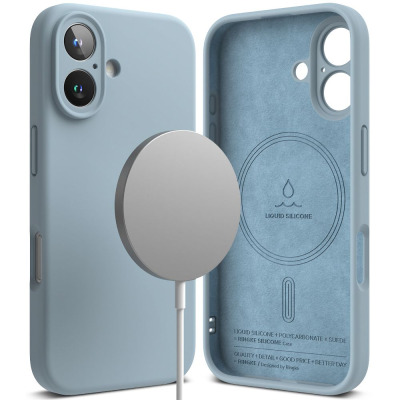 Niebieskie etui Ringke Silicone MagSafe do iPhone 16 z widoczną ładowarką magnetyczną oraz wnętrzem wykończonym zamszem z napisem Liquid Silicone.