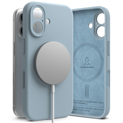 Niebieskie etui Ringke Silicone MagSafe do iPhone 16 z widoczną ładowarką magnetyczną oraz wnętrzem wykończonym zamszem z napisem Liquid Silicone.