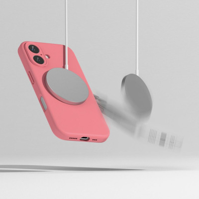 Różowe etui silikonowe Ringke do iPhone 16 z magnetycznym pierścieniem MagSafe, ukazane w trakcie lewitacji z widoczną wyspą aparatów i portem ładowania.