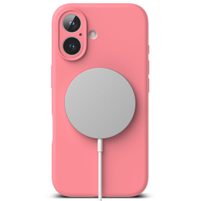 Różowe etui silikonowe Ringke do iPhone 16 z magnetycznym pierścieniem MagSafe na pleckach, widok na tylny panel z wycięciem na wyspę aparatów i lampę.