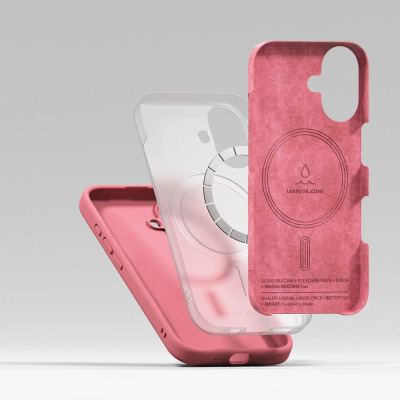 Różowe etui Ringke Silicone MagSafe do iPhone 16 w trzech warstwach, ukazujące zamszowe wnętrze z nadrukiem Liquid Silicone i magnetyczny pierścień wewnątrz.