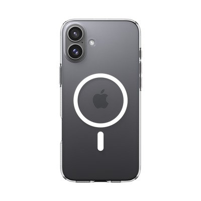 Przezroczyste etui Spigen Liquid Crystal MagSafe do iPhone 16, ukazujące tył z magnetycznym pierścieniem oraz przedni panel z wyświetlaczem i logo Spigen.