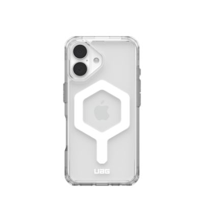 Przezroczyste etui UAG Plyo MagSafe do iPhone 16 w kolorze ice-white z widocznym białym pierścieniem magnetycznym na pleckach oraz wycięciem na dwa aparaty.