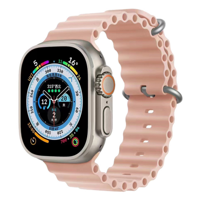 Różowy silikonowy pasek Jinya do Apple Watch 44-49mm w kolorze Vintage Rose, z charakterystyczną prążkowaną fakturą oraz dwiema metalowymi szlufkami.