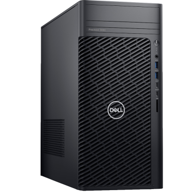 Czarny komputer stacjonarny Dell Precision 3680 MT z widocznym logo Dell na przednim panelu, portami USB, czytnikiem kart SD oraz napędem optycznym.