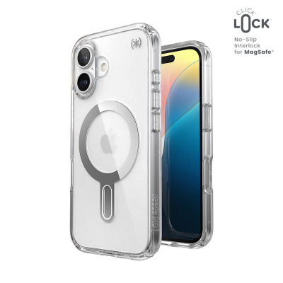 Przezroczyste etui Speck Presidio ClickLock MagSafe do iPhone 16 z widocznym magnetycznym pierścieniem na pleckach oraz wycięciem na wyspę aparatów.