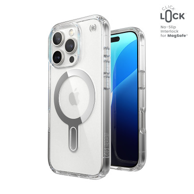 Przezroczyste etui Speck Presidio ClickLock do iPhone 16 Pro z widocznym pierścieniem MagSafe na pleckach oraz logo ClickLock No-Slip Interlock w rogu.
