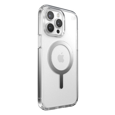 Bezbarwne etui Speck Presidio z wbudowanym pierścieniem MagSafe na iPhone 15 Pro Max, ukazujące potrójny aparat oraz profil z przyciskami na białym tle.