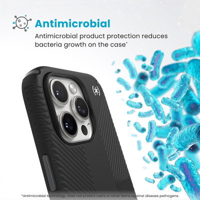 Czarne etui Speck Presidio2 Grip do iPhone 16 Pro z widoczną wyspą aparatów, obok którego unoszą się niebieskie drobnoustroje, z napisem Antimicrobial.
