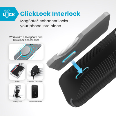 Etui Speck Presidio2 Grip ClickLock do iPhone 16 Pro w kolorze czarnym z widocznym mechanizmem blokującym akcesoria MagSafe oraz zestawem kompatybilnych