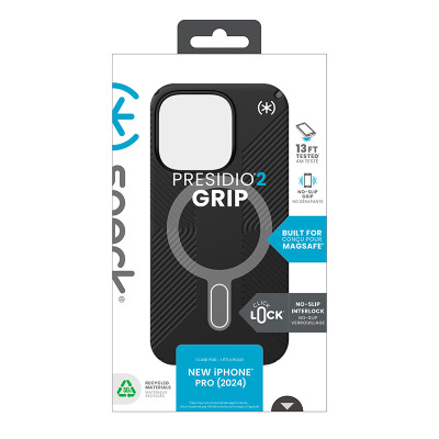 Czarne etui Speck Presidio2 Grip do iPhone 16 Pro w opakowaniu z logo ClickLock i MagSafe, widoczny wycięty otwór na aparat oraz tekstowe oznaczenia ochrony.