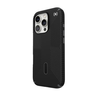 Czarne etui Speck Presidio2 Grip ClickLock MagSafe do iPhone 16 Pro, widoczne od strony plecków z charakterystycznym żebrowanym wzorem i wyspą aparatów.