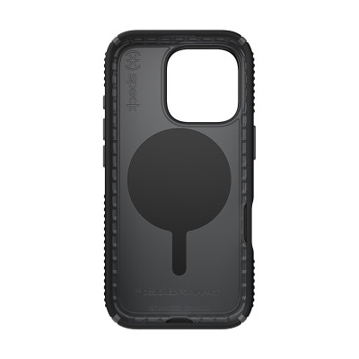 Czarne etui Speck Presidio2 Grip do iPhone 16 Pro z systemem MagSafe, widok na wnętrze z wytłoczonym logo marki oraz napisem Designed for Impact.